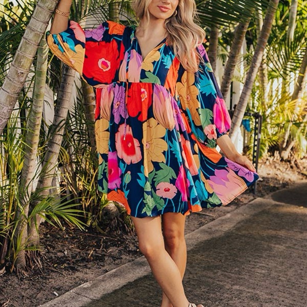 Entro Red and Pink Tiered Sundress with Bishop Sleeves